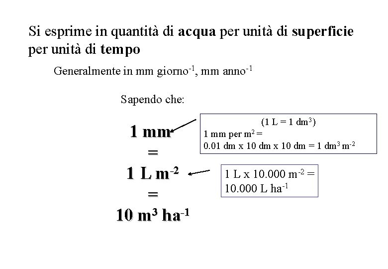 Si esprime in quantità di acqua per unità di superficie per unità di tempo