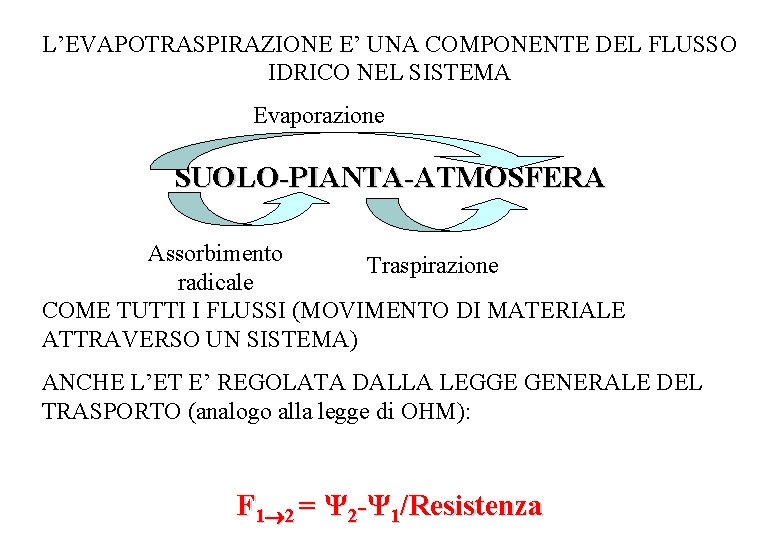 L’EVAPOTRASPIRAZIONE E’ UNA COMPONENTE DEL FLUSSO IDRICO NEL SISTEMA Evaporazione SUOLO-PIANTA-ATMOSFERA Assorbimento Traspirazione radicale