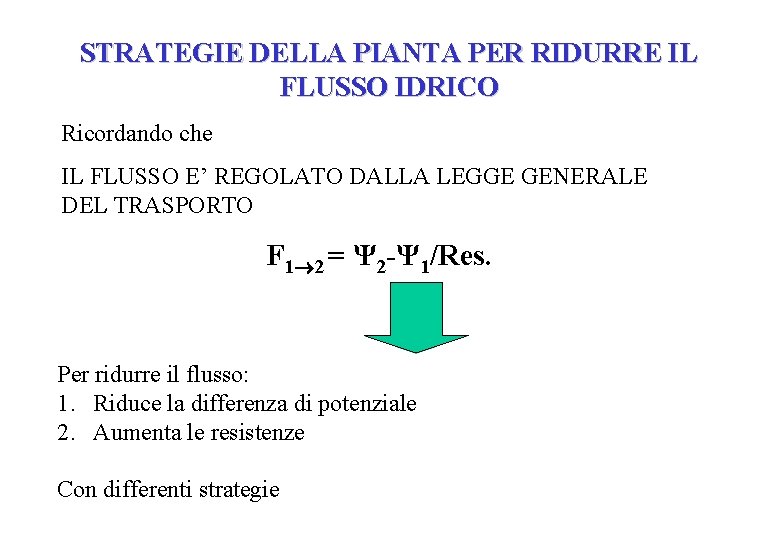 STRATEGIE DELLA PIANTA PER RIDURRE IL FLUSSO IDRICO Ricordando che IL FLUSSO E’ REGOLATO