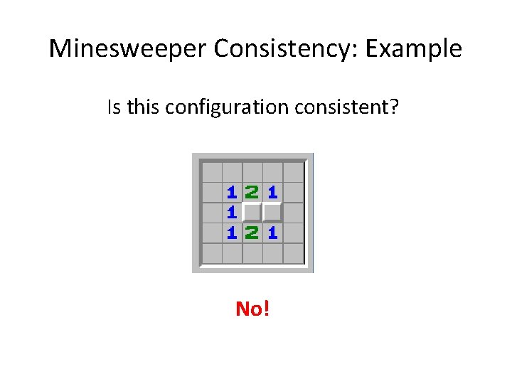 Minesweeper Consistency: Example Is this configuration consistent? No! 