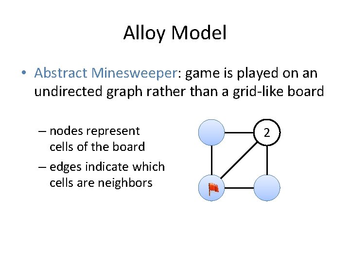 Alloy Model • Abstract Minesweeper: game is played on an undirected graph rather than