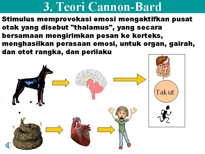 3. Teori Cannon-Bard Stimulus memprovokasi emosi mengaktifkan pusat otak yang disebut "thalamus", yang secara