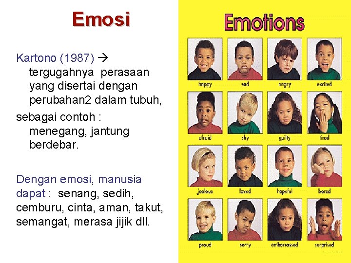 Emosi Kartono (1987) tergugahnya perasaan yang disertai dengan perubahan 2 dalam tubuh, sebagai contoh