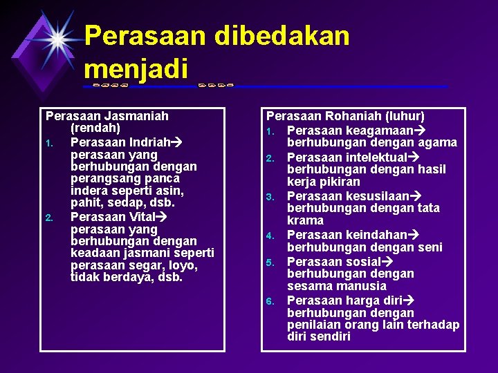 Perasaan dibedakan menjadi Perasaan Jasmaniah (rendah) 1. Perasaan Indriah perasaan yang berhubungan dengan perangsang