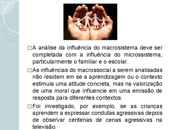 �A análise da influência do macrosistema deve ser completada com a influência do microssistema,