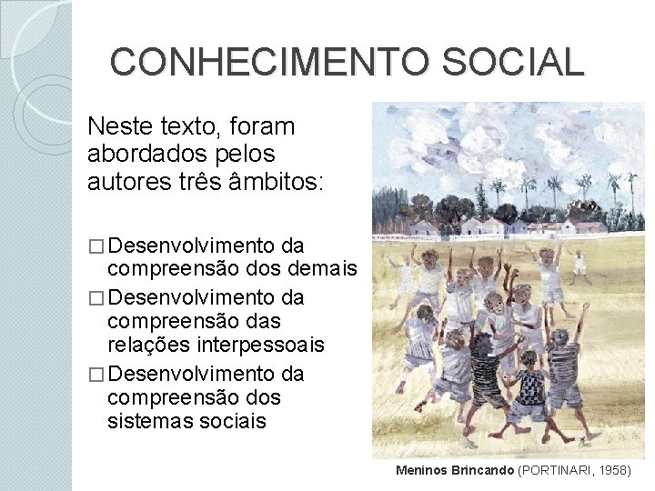 CONHECIMENTO SOCIAL Neste texto, foram abordados pelos autores três âmbitos: � Desenvolvimento da compreensão