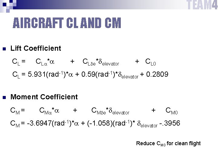 TEAM 4 AIRCRAFT CL AND CM n Lift Coefficient CL = CL * +