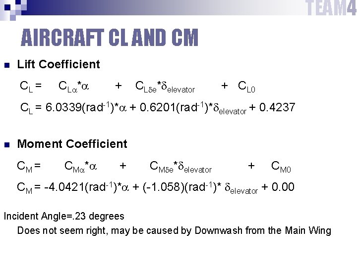 TEAM 4 AIRCRAFT CL AND CM n Lift Coefficient CL = CL * +