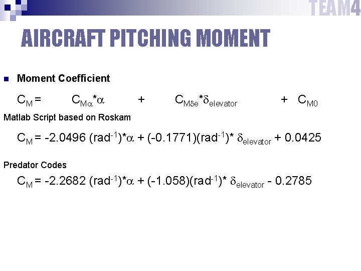 TEAM 4 AIRCRAFT PITCHING MOMENT n Moment Coefficient CM = CM * + CM