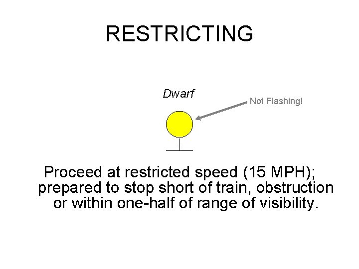 RESTRICTING Dwarf Not Flashing! Proceed at restricted speed (15 MPH); prepared to stop short