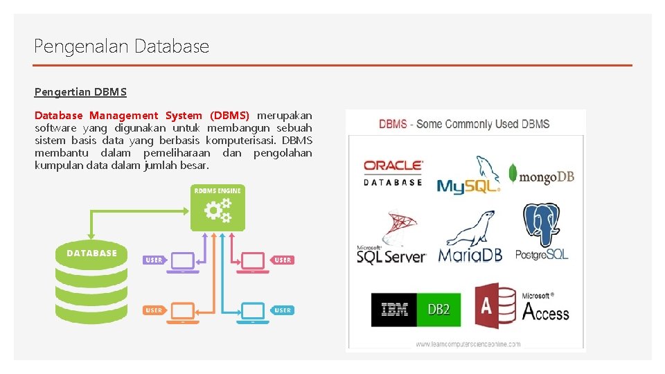 Pengenalan Database Pengertian DBMS Database Management System (DBMS) merupakan software yang digunakan untuk membangun