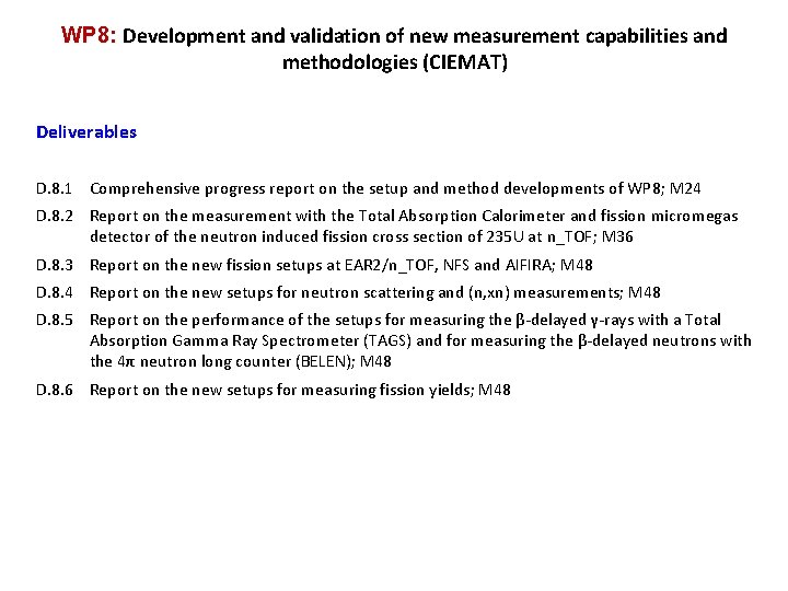 WP 8: Development and validation of new measurement capabilities and methodologies (CIEMAT) Deliverables D.