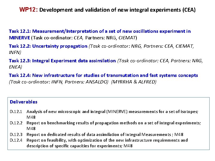 WP 12: Development and validation of new integral experiments (CEA) Task 12. 1: Measurement/Interpretation