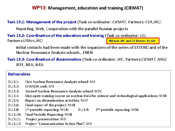 WP 13: Management, education and training (CIEMAT) Task 13. 1: Management of the project