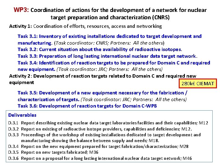 WP 3: Coordination of actions for the development of a network for nuclear target