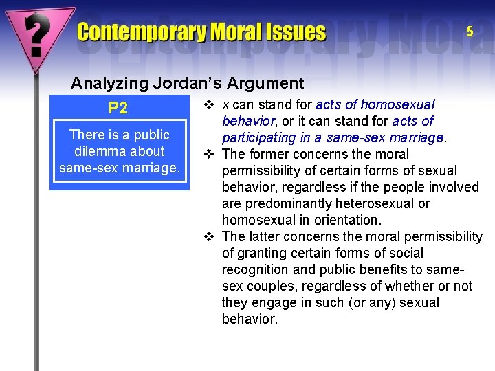 5 Analyzing Jordan’s Argument P 2 There is a public dilemma about same-sex marriage.