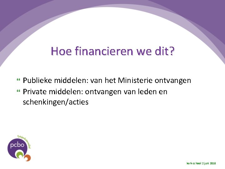 Hoe financieren we dit? Publieke middelen: van het Ministerie ontvangen Private middelen: ontvangen van