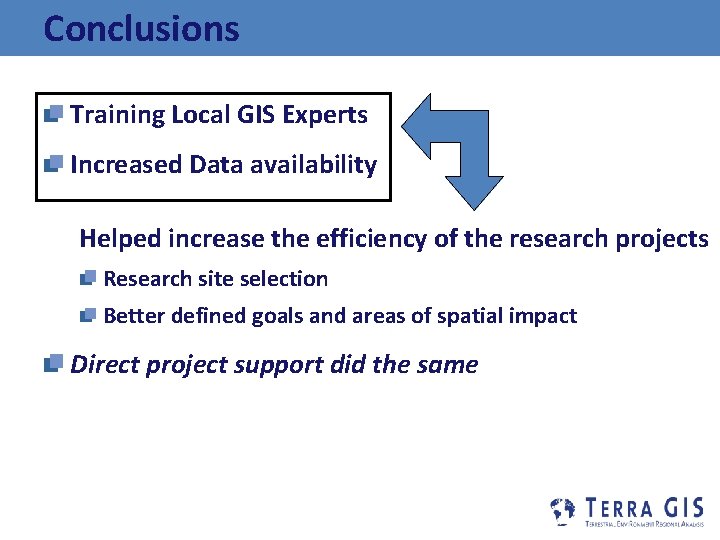 Conclusions Training Local GIS Experts Increased Data availability Helped increase the efficiency of the