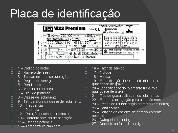 Placa de identificação � � � � 1 – Código do motor 2 –