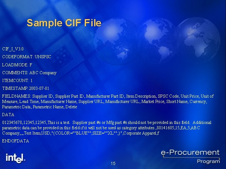 Sample CIF File CIF_I_V 3. 0 CODEFORMAT: UNSPSC LOADMODE: F COMMENTS: ABC Company ITEMCOUNT: