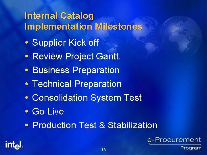 Internal Catalog Implementation Milestones Supplier Kick off Review Project Gantt. Business Preparation Technical Preparation