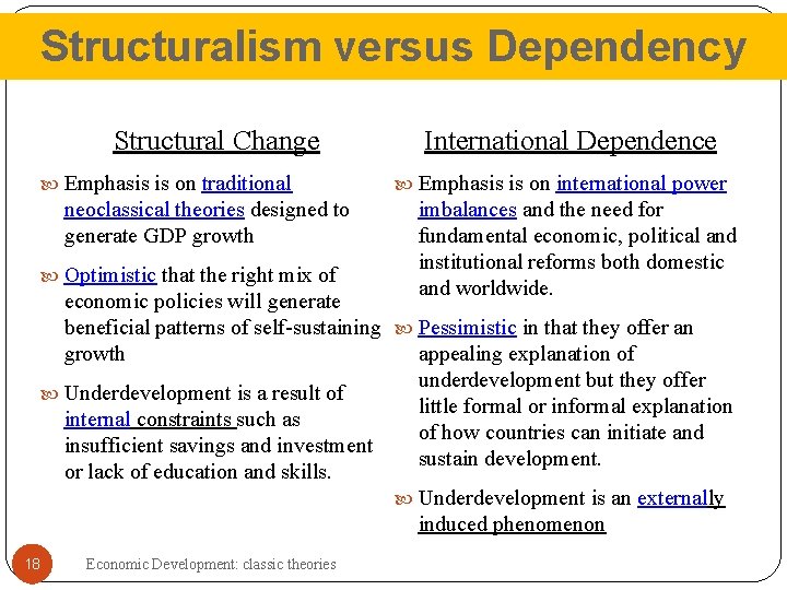 Structuralism versus Dependency Structural Change Emphasis is on traditional neoclassical theories designed to generate