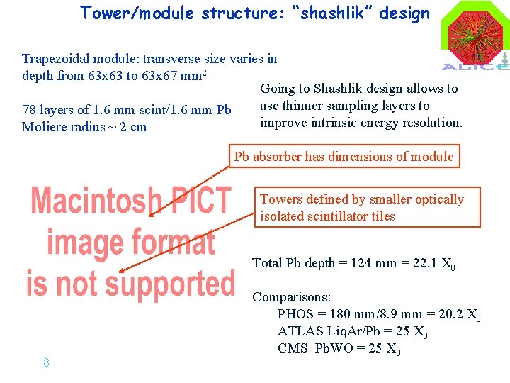 Tower/module structure: “shashlik” design Trapezoidal module: transverse size varies in depth from 63 x