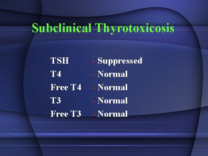 Subclinical Thyrotoxicosis TSH T 4 Free T 4 T 3 Free T 3 -