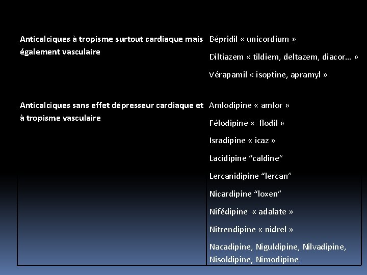 Anticalciques à tropisme surtout cardiaque mais Bépridil « unicordium » également vasculaire Diltiazem «