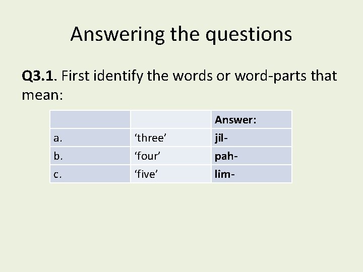 Answering the questions Q 3. 1. First identify the words or word-parts that mean: Answering the questions Q 3. 1. First identify the words or word-parts that mean: