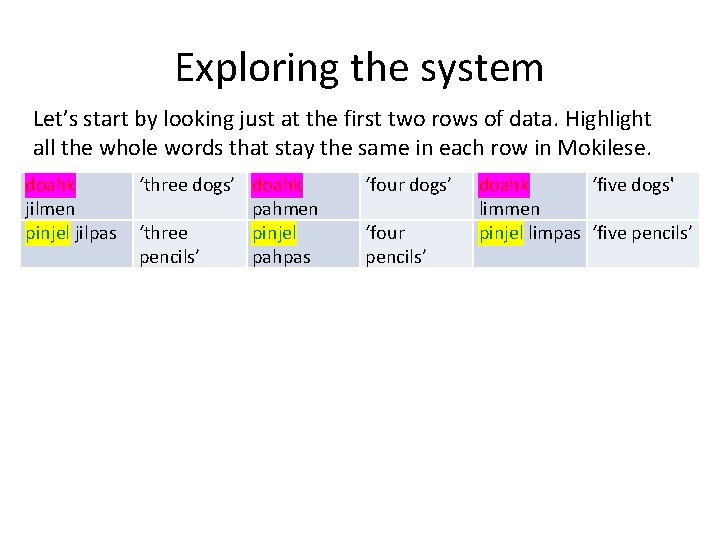 Exploring the system Let’s start by looking just at the first two rows of Exploring the system Let’s start by looking just at the first two rows of