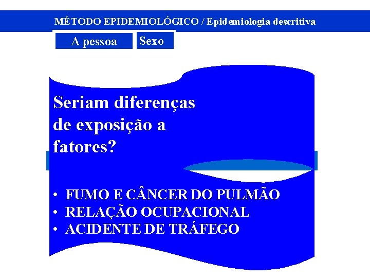 MÉTODO EPIDEMIOLÓGICO / Epidemiologia descritiva A pessoa Sexo Seriam diferenças de exposição a fatores?