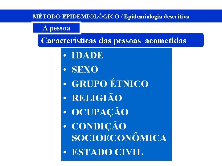 MÉTODO EPIDEMIOLÓGICO / Epidemiologia descritiva A pessoa Características das pessoas acometidas • • •