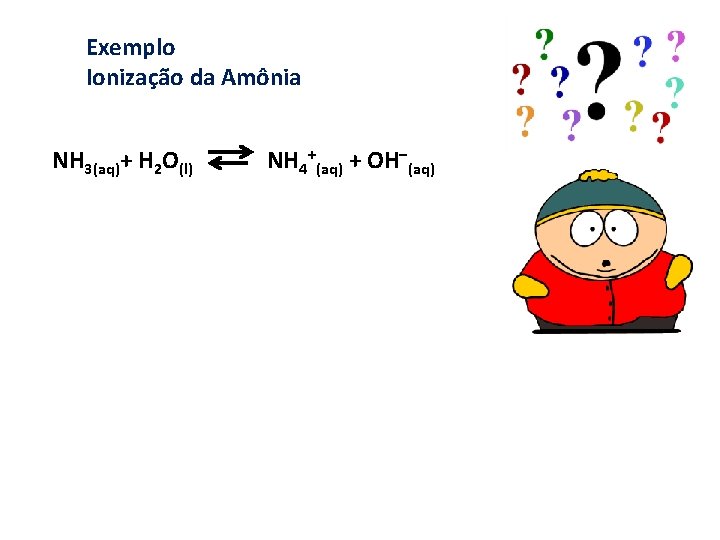 Exemplo Ionização da Amônia NH 3(aq)+ H 2 O(l) NH 4+(aq) + OH–(aq) 