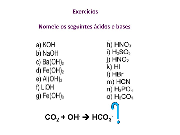 Exercícios Nomeie os seguintes ácidos e bases CO 2 + OH- HCO 3 -