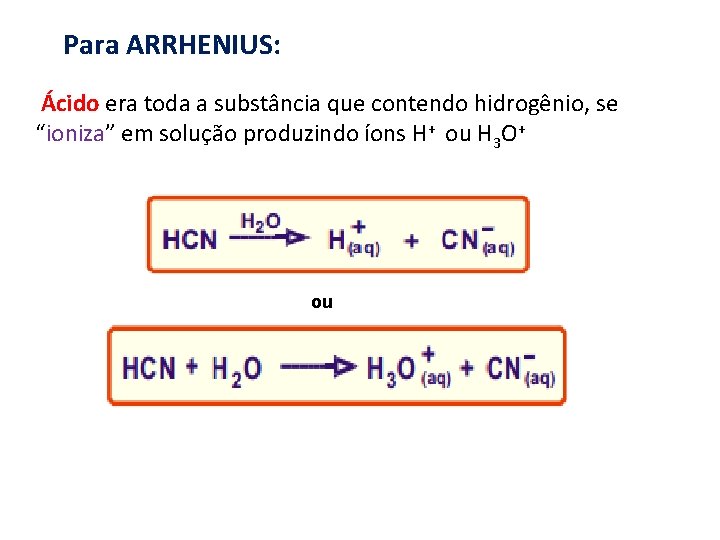 Para ARRHENIUS: Ácido era toda a substância que contendo hidrogênio, se “ioniza” em solução
