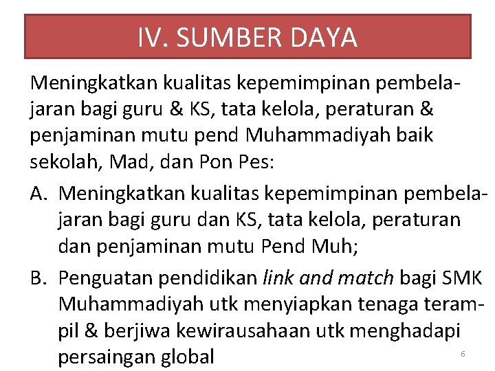 IV. SUMBER DAYA Meningkatkan kualitas kepemimpinan pembelajaran bagi guru & KS, tata kelola, peraturan