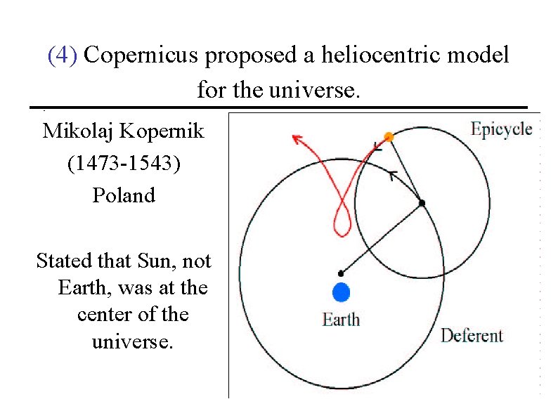 (4) Copernicus proposed a heliocentric model for the universe. Mikolaj Kopernik (1473 -1543) Poland