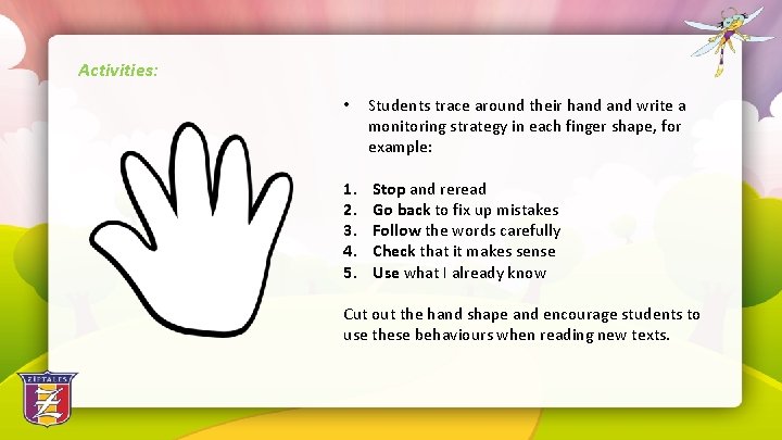 Activities: • Students trace around their hand write a monitoring strategy in each finger