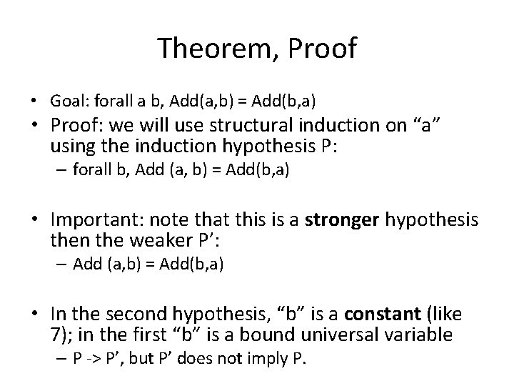 Theorem, Proof • Goal: forall a b, Add(a, b) = Add(b, a) • Proof: