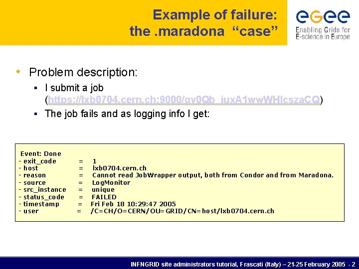 Example of failure: the. maradona “case” • Problem description: § I submit a job Example of failure: the. maradona “case” • Problem description: § I submit a job