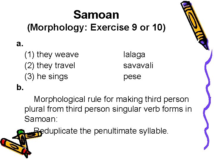 Samoan (Morphology: Exercise 9 or 10) a. (1) they weave (2) they travel (3)