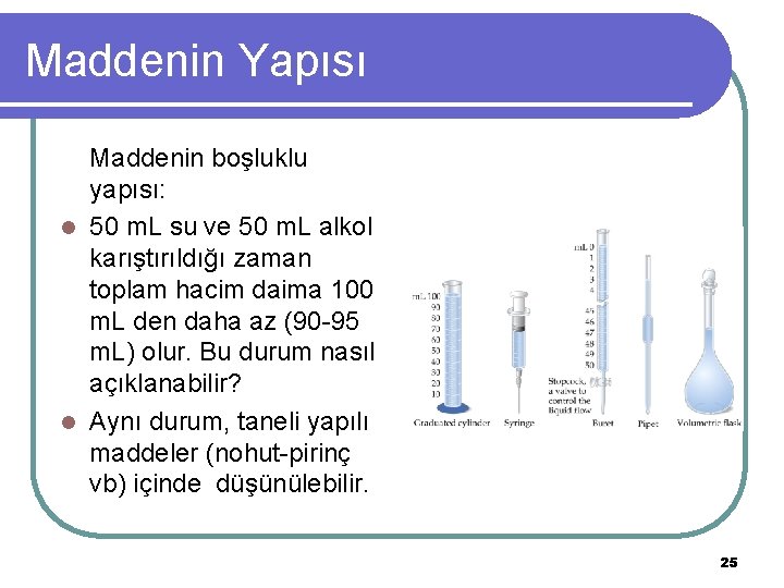 Maddenin Yapısı Maddenin boşluklu yapısı: l 50 m. L su ve 50 m. L