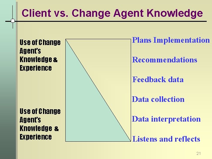 Client vs. Change Agent Knowledge Use of Change Agent’s Knowledge & Experience Plans Implementation