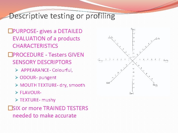 Descriptive testing or profiling �PURPOSE- gives a DETAILED EVALUATION of a products CHARACTERISTICS �PROCEDURE
