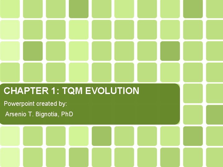 CHAPTER 1: TQM EVOLUTION Powerpoint created by: Arsenio T. Bignotia, Ph. D 