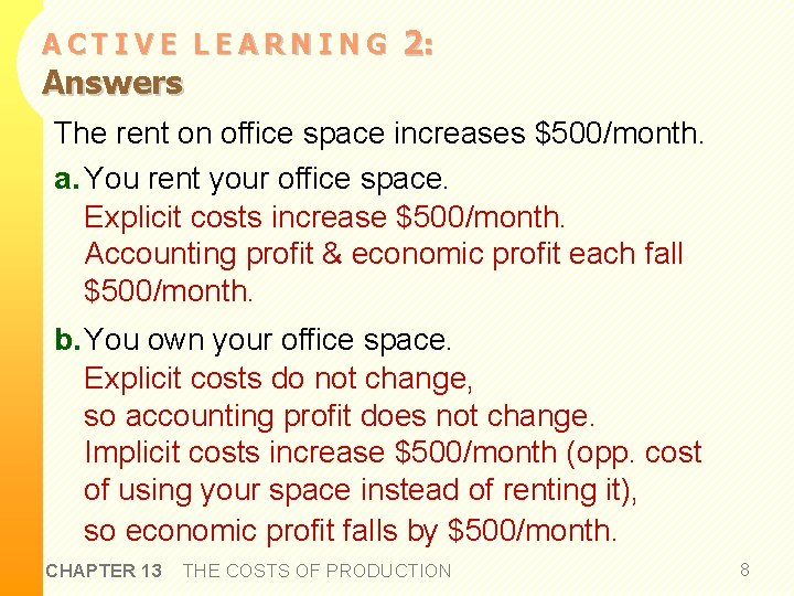 ACTIVE LEARNING Answers 2: The rent on office space increases $500/month. a. You rent