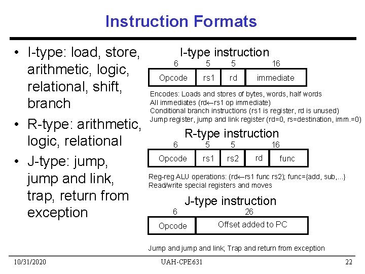 Instruction Formats • I-type: load, store, arithmetic, logic, relational, shift, branch • R-type: arithmetic,