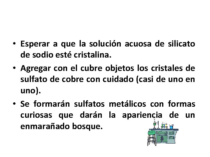  • Esperar a que la solución acuosa de silicato de sodio esté cristalina.