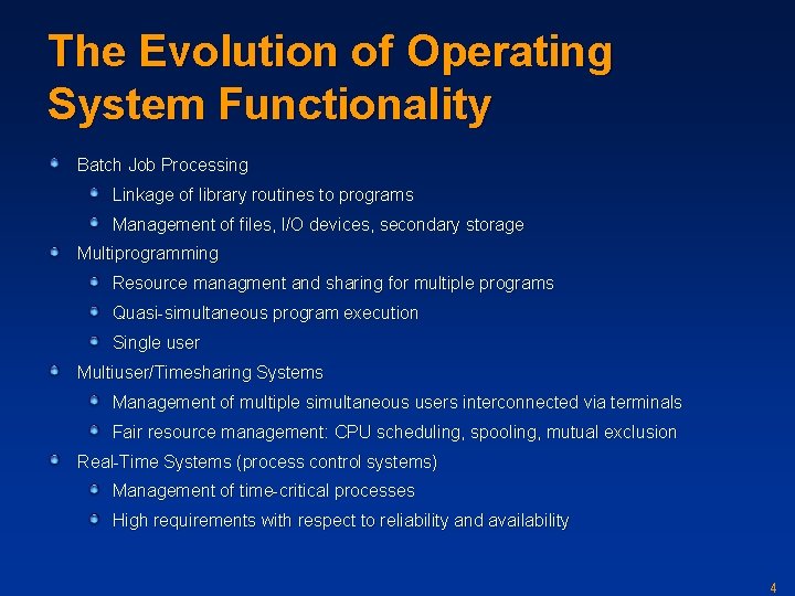 The Evolution of Operating System Functionality Batch Job Processing Linkage of library routines to